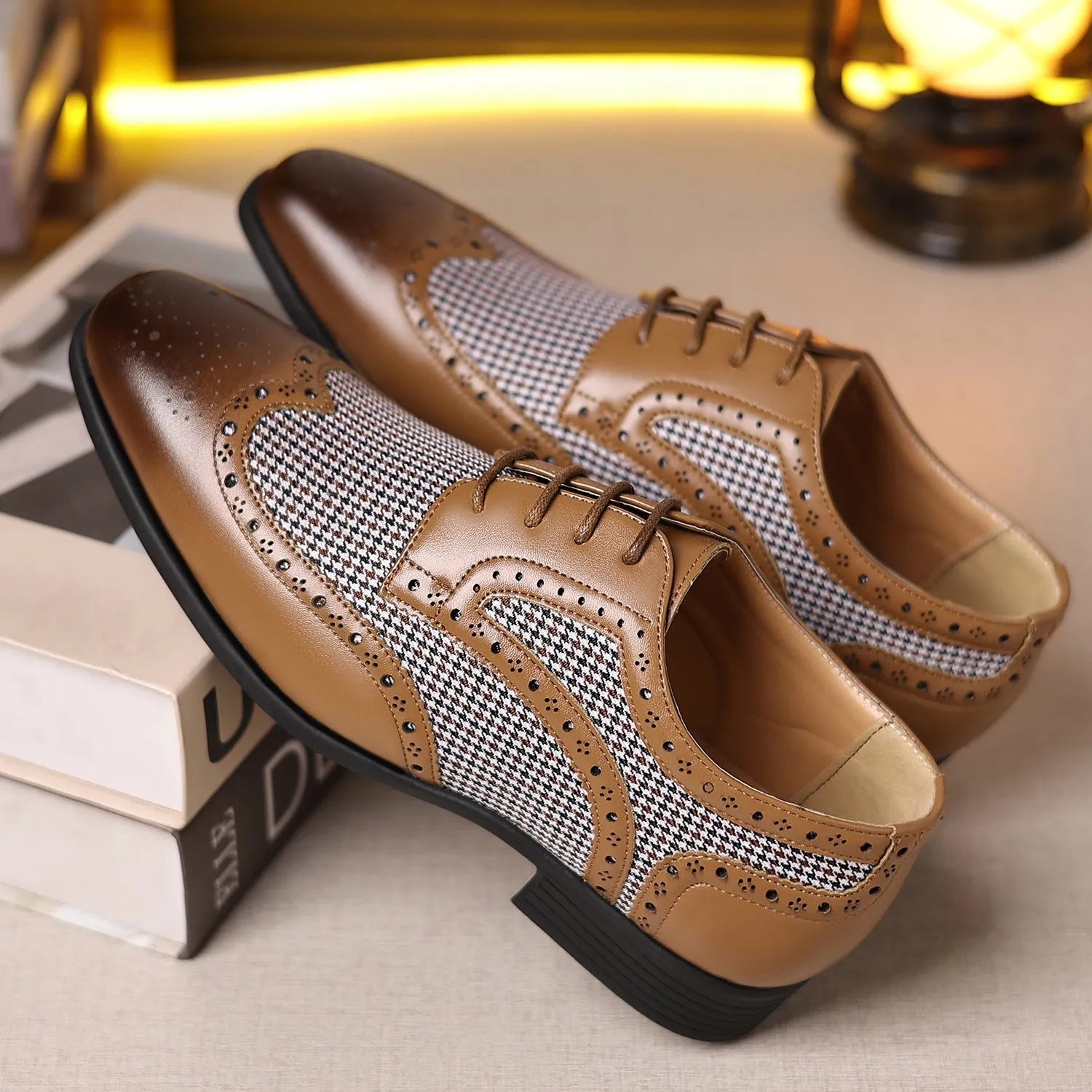 Men's black houndstooth pattern canvas casual shoes with lace-up front and rubber sole.