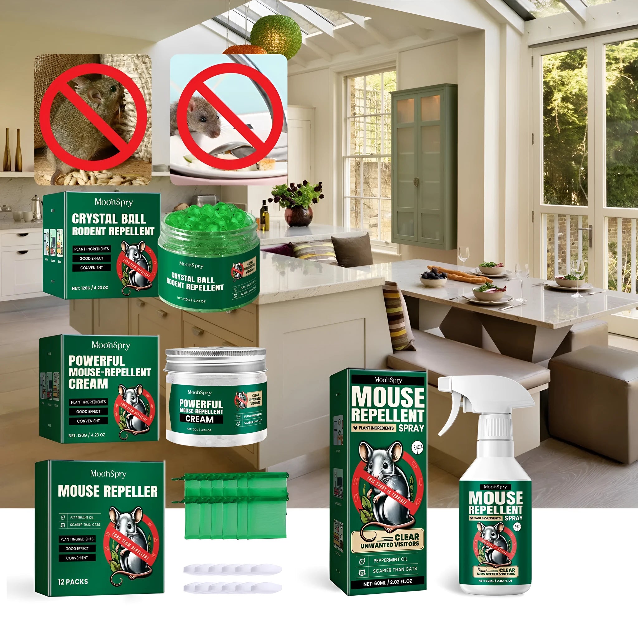 60ml bottle of natural rat repellent spray with clove and peppermint oil for cars and homes.