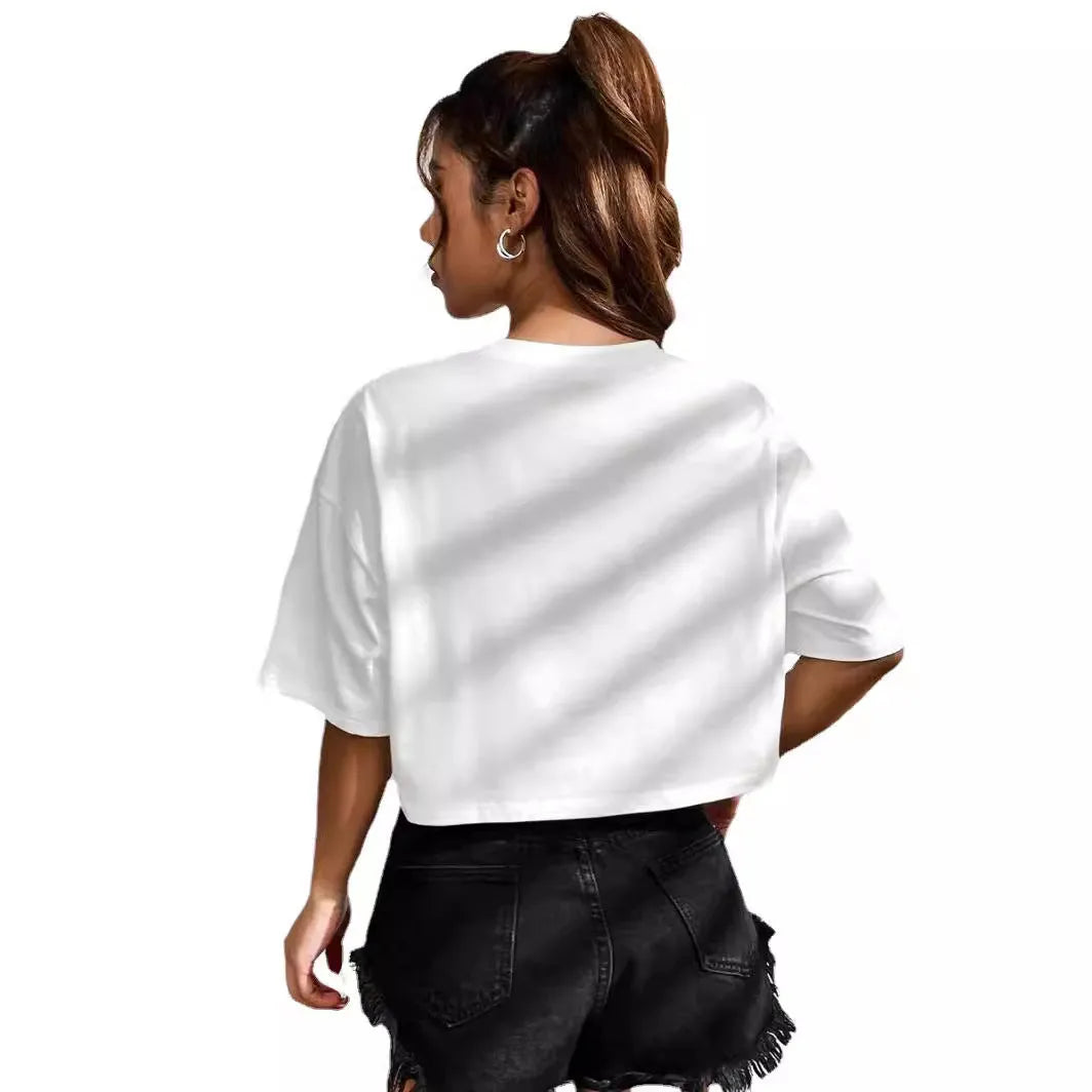 Women's black cotton t-shirt with white English letters printing and navel exposure detail