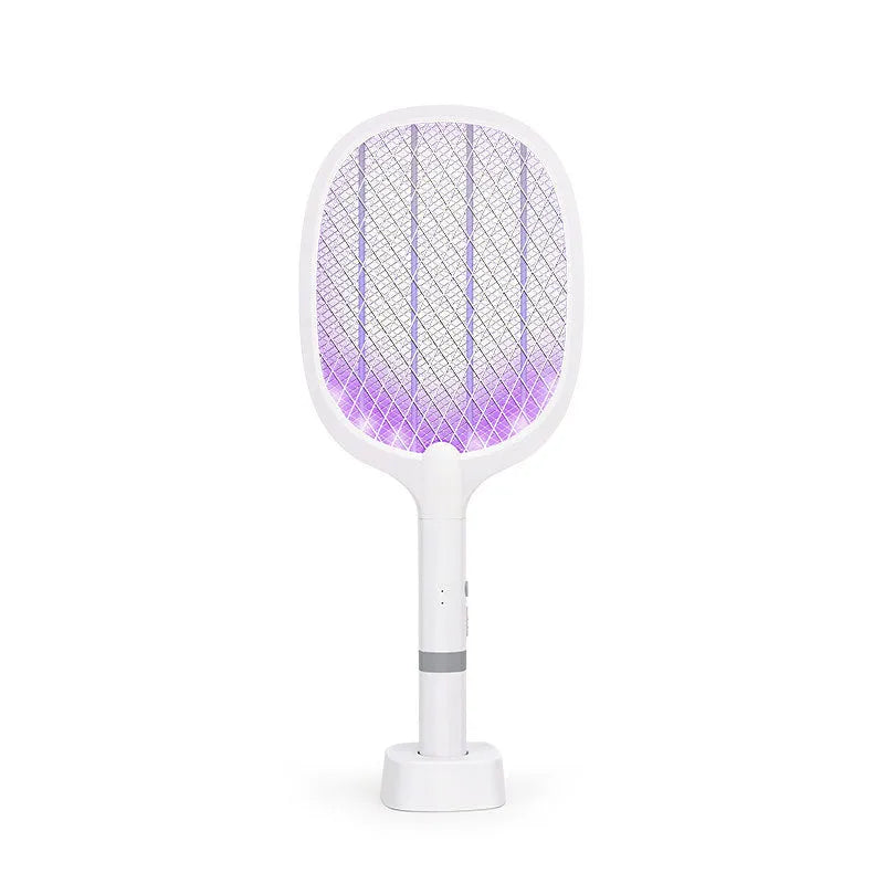 Purple and blue rechargeable electric mosquito swatter with USB charging cable