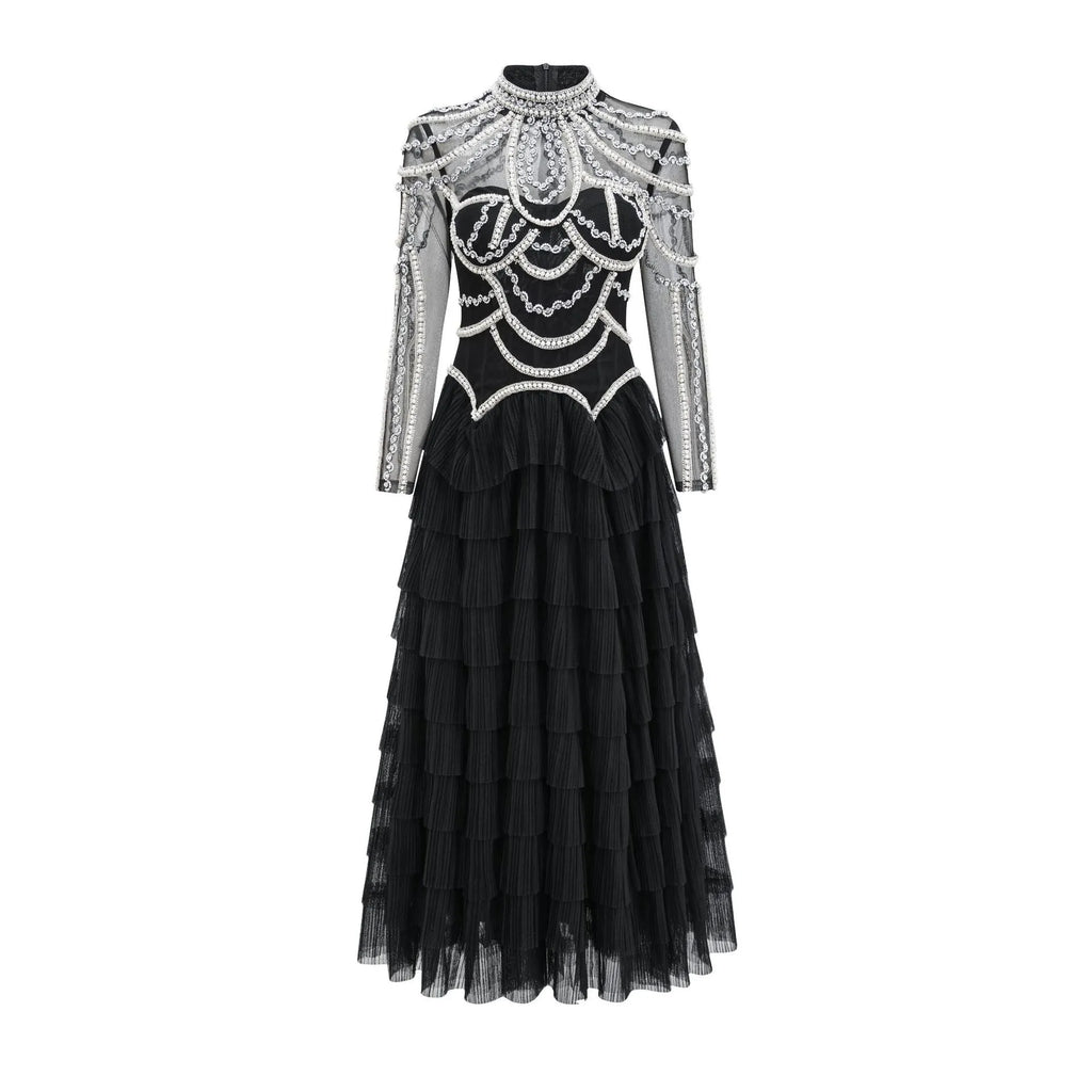 Women's black polyester beaded dress with long sleeves and three-dimensional decorations