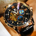 Men's black and rose gold automatic mechanical watch with large hollow dial and genuine leather strap