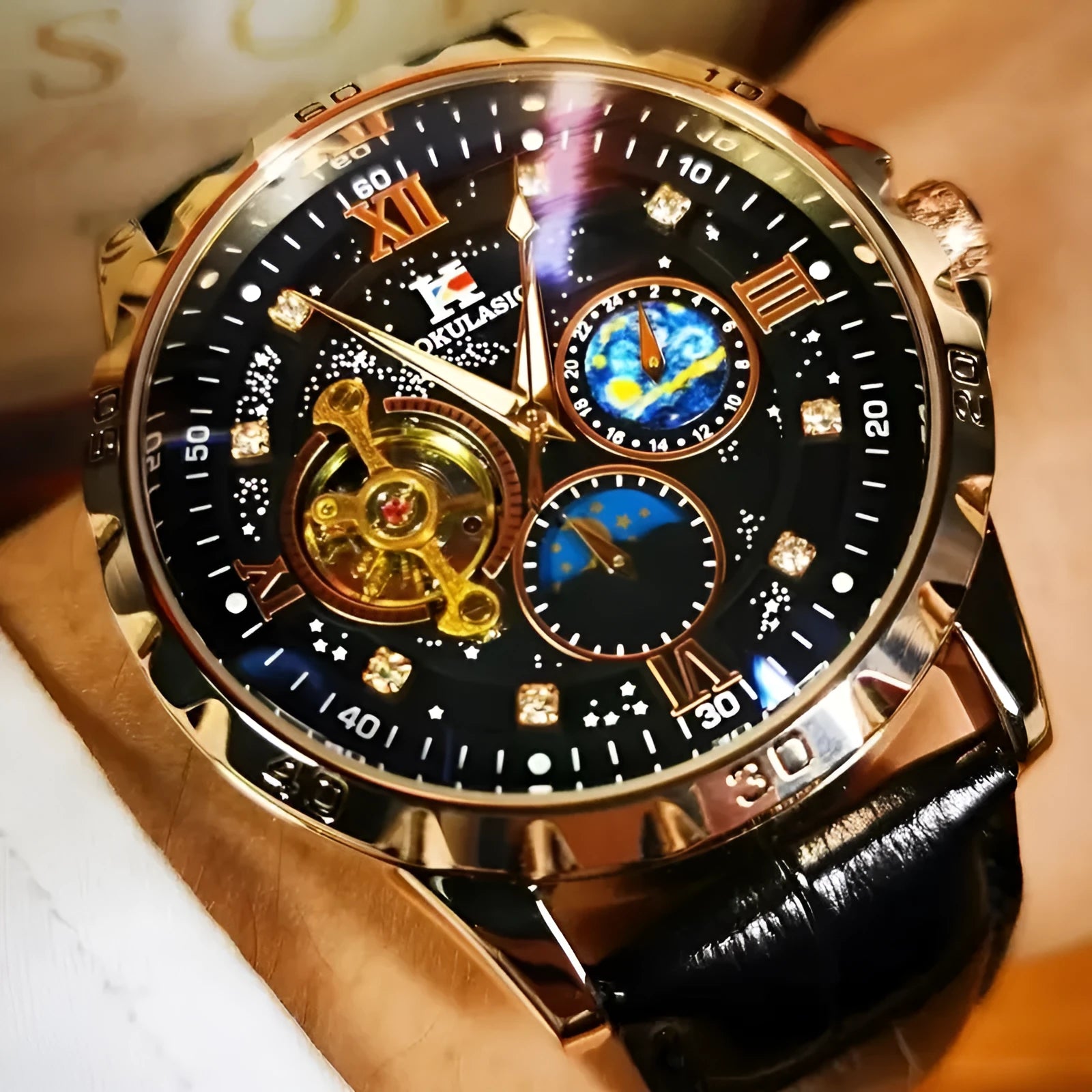 Men's black and rose gold automatic mechanical watch with large hollow dial and genuine leather strap