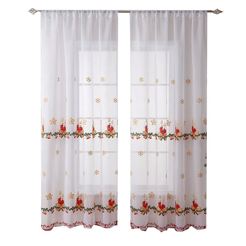 A pair of American-style Christmas curtains with white embroidered snowflakes on semi-sunshade polyester fabric.