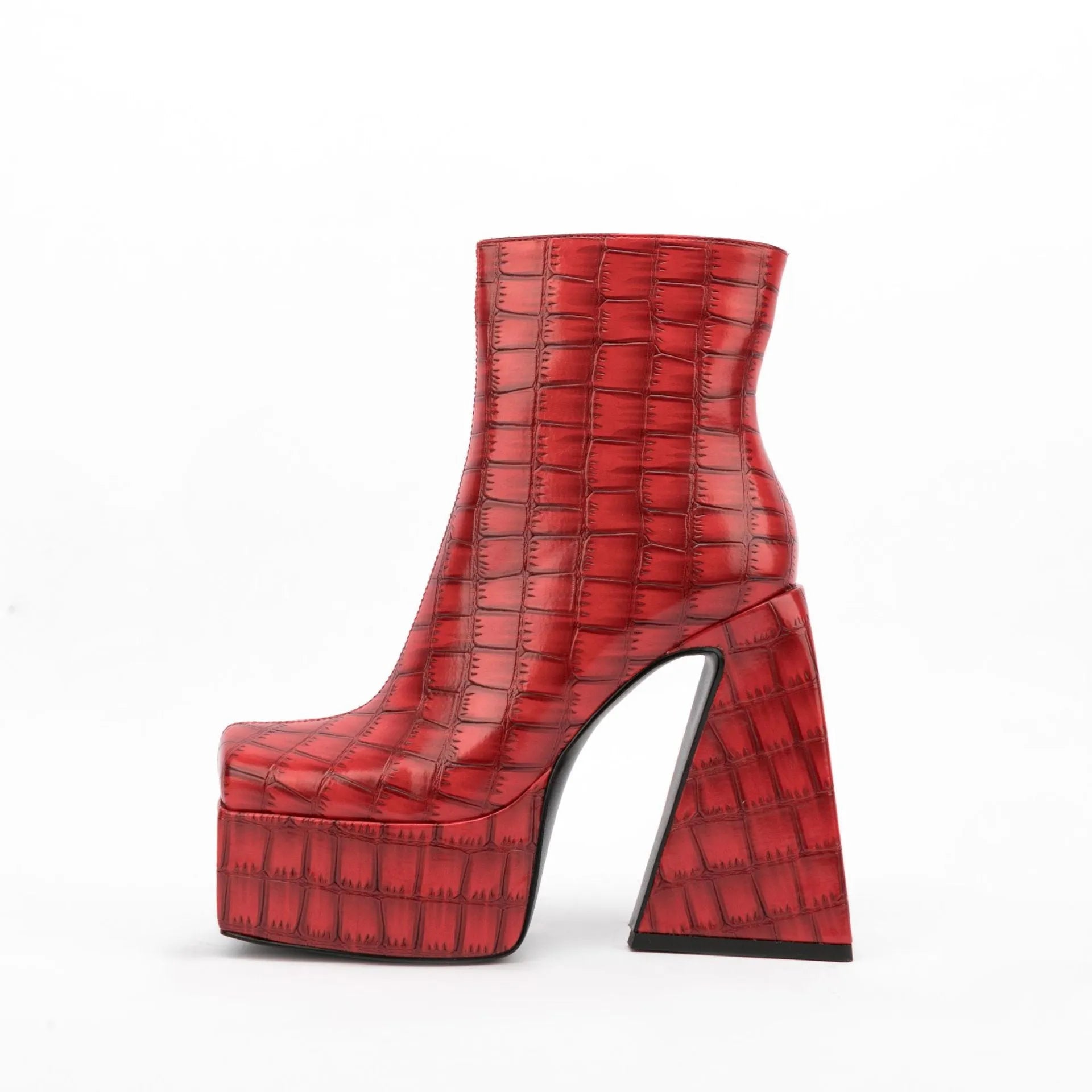 Women's artificial PU ankle boots with super high heels, shown in solid colours.