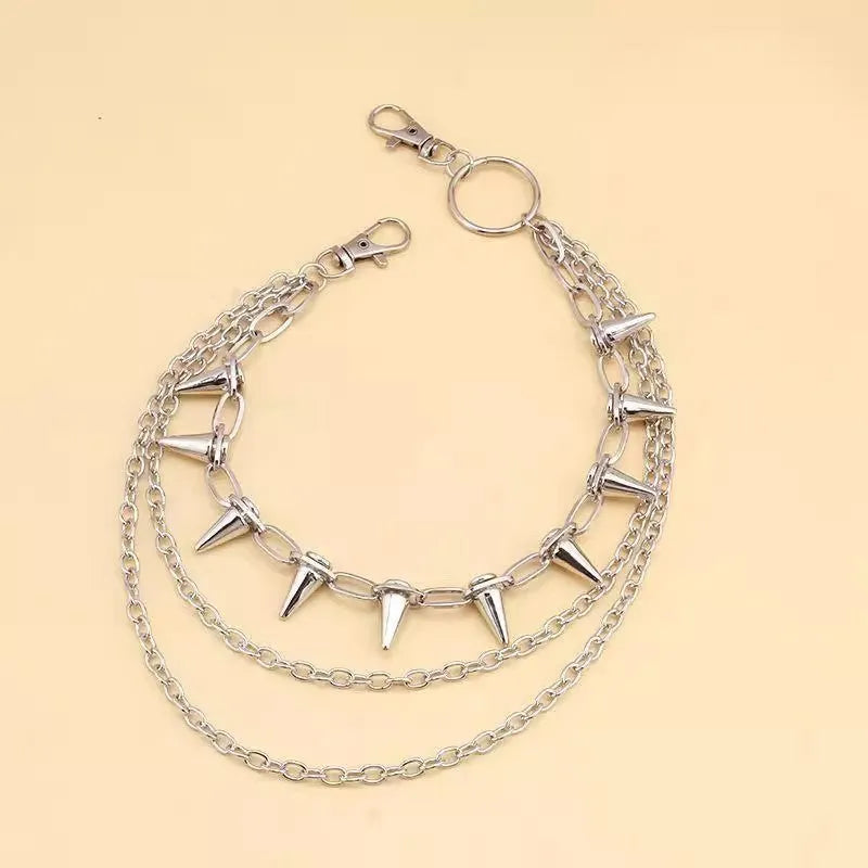 Silver punk rivet metal trousers chain measuring 115cm length with double-layer construction