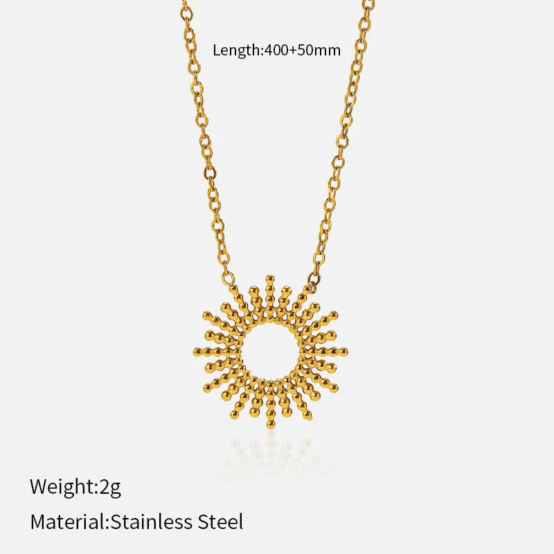 14K stainless steel geometric chain necklace and bracelet set with sunflower motifs