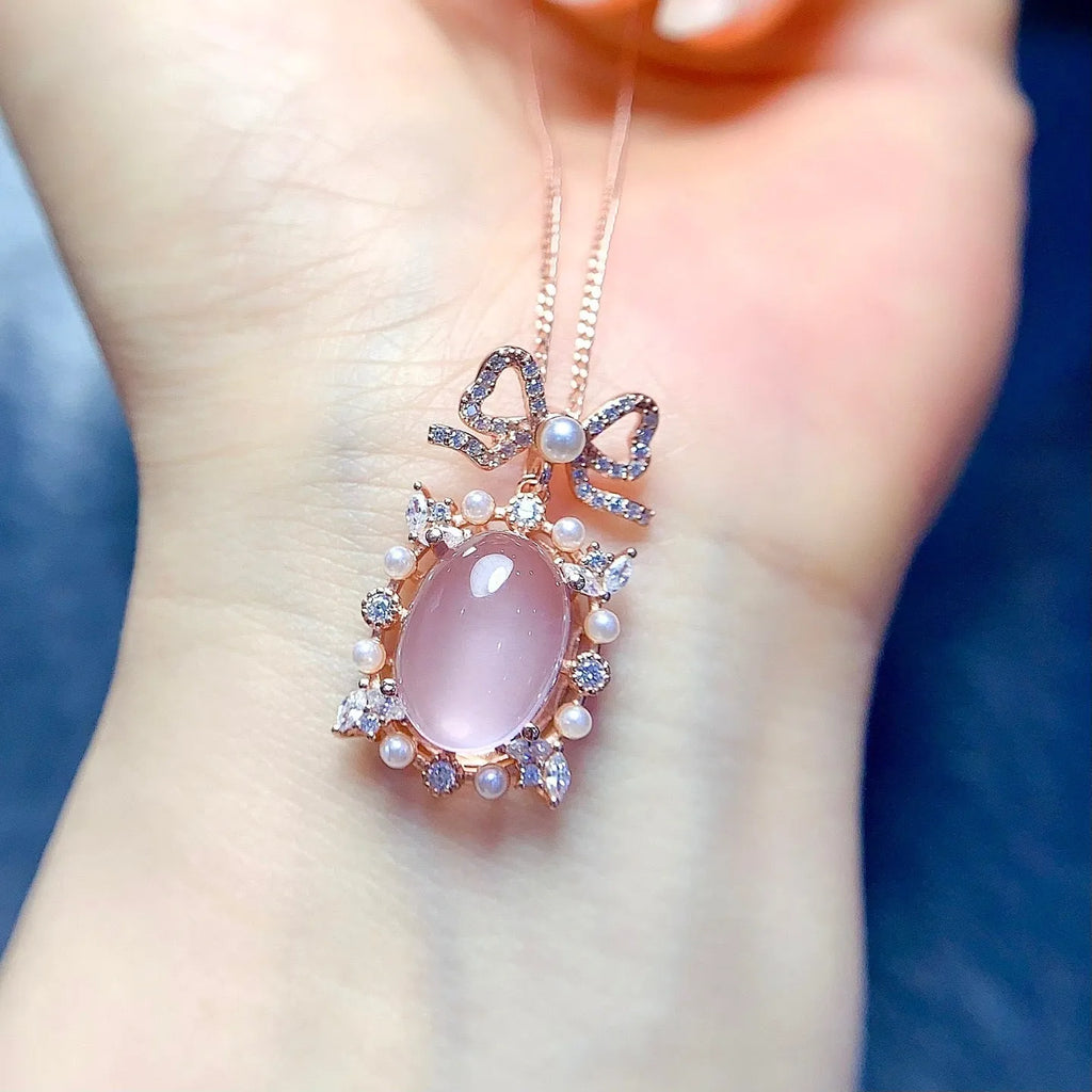 Natural pink rose quartz geometric pendant on sterling silver necklace with rose gold plating
