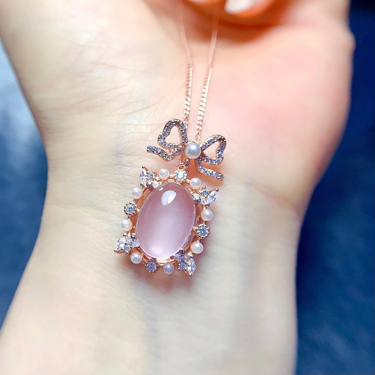 Natural pink rose quartz geometric pendant on sterling silver necklace with rose gold plating
