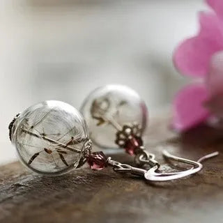 16mm transparent glass ball earrings with dandelion seed design on silver French hook