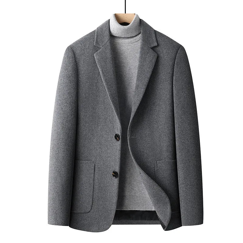 Men's grey wool slim fit suit jacket with polyester lining for autumn winter casual wear