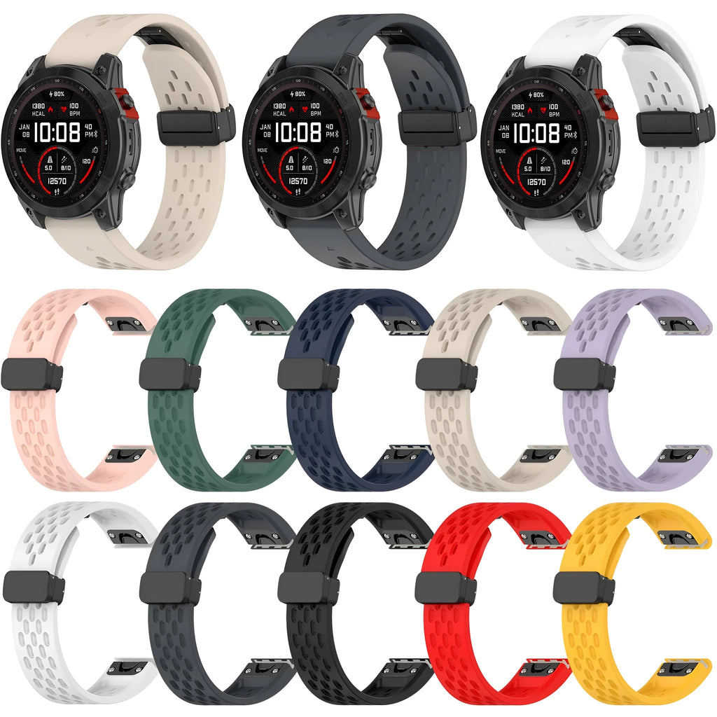 Quick-release watch strap for Fenix 8 and Fenix 7 Pro watches in various colours showing porous texture and included screwdriver tool.