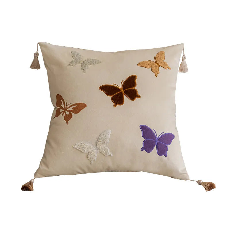 Square beige cushion with black butterfly embroidery in Chinese style, 45x45cm