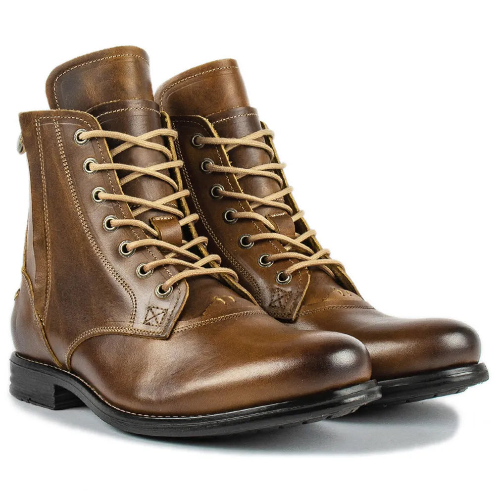 Knight Series black and brown leather boots with side zipper and low heel