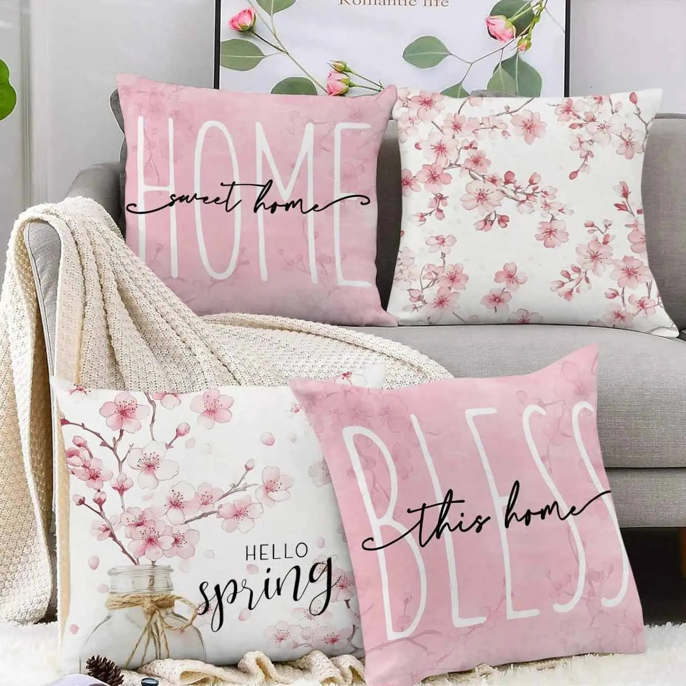 45cm square short velvet cushion cover with cherry blossom and letter pattern in one of four available colours.
