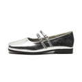 Women's silver genuine leather Mary Jane ballet flats with a cross buckle strap and flat heel.