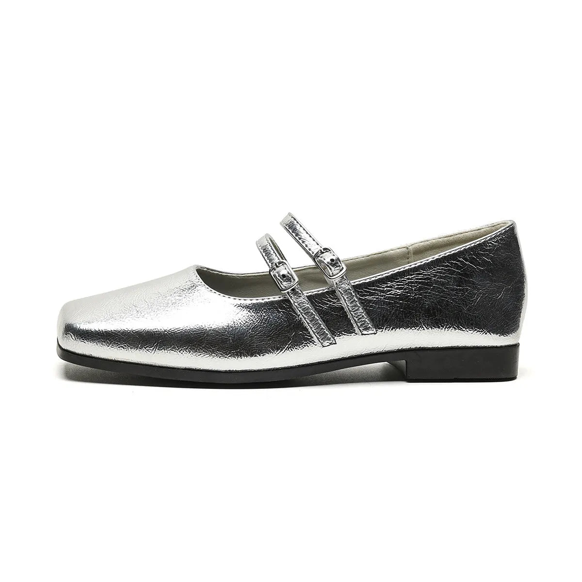 Women's silver genuine leather Mary Jane ballet flats with a cross buckle strap and flat heel.