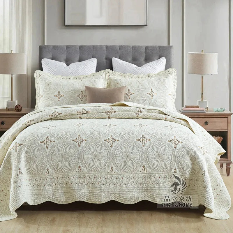 Double thick pure cotton bed cover set with embroidery for 1.8 metre bed
