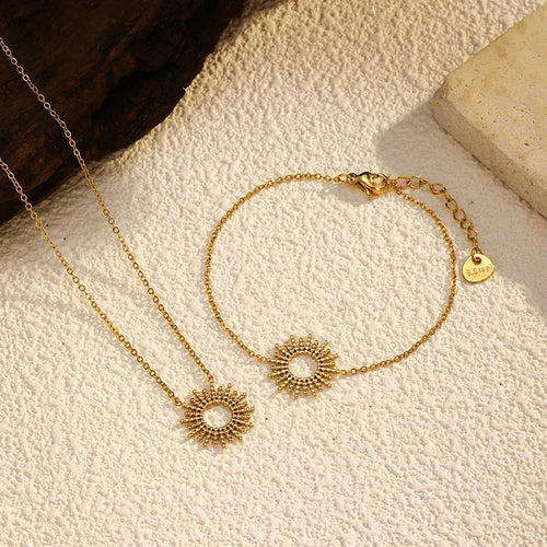 14K stainless steel geometric chain necklace and bracelet set with sunflower motifs