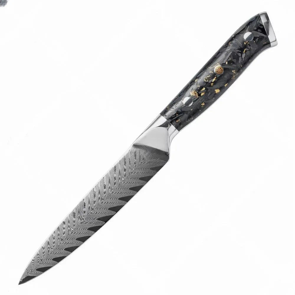 8-piece Damascus steel kitchen knife set with fishbone pattern, showing knives from 3.5-inch fruit knife to 8-inch chef knife.