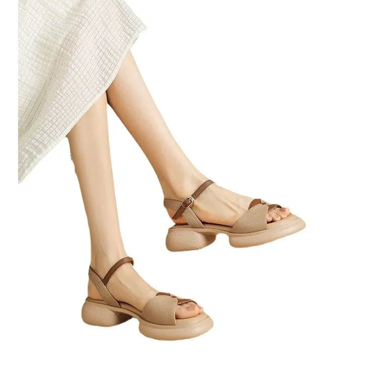 Women's khaki platform sandals with chunky rubber heel and open toe