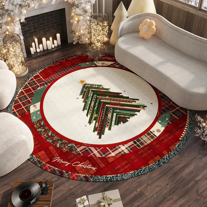 Round Christmas living room carpet in red festive design on wooden floor