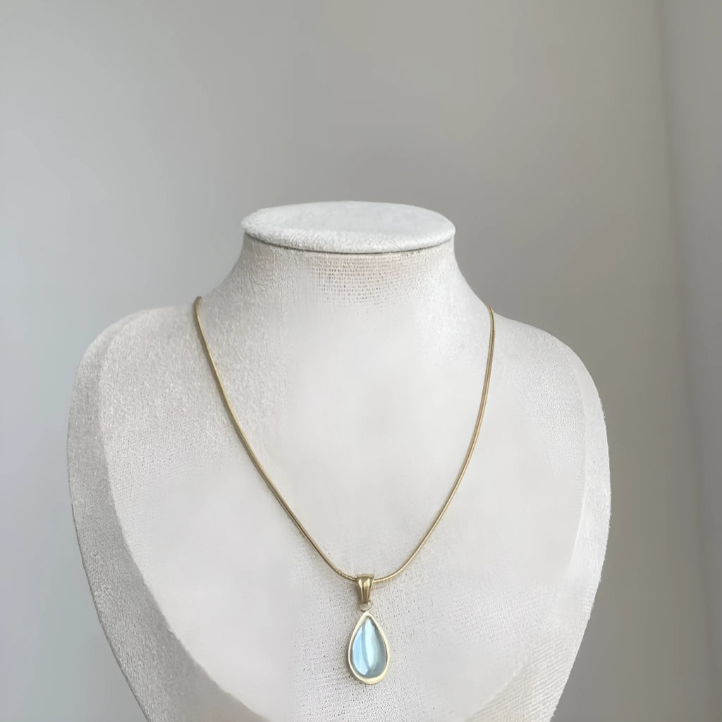 Retro water drop necklace with blue or green gemstone pendant on titanium steel snake bone chain