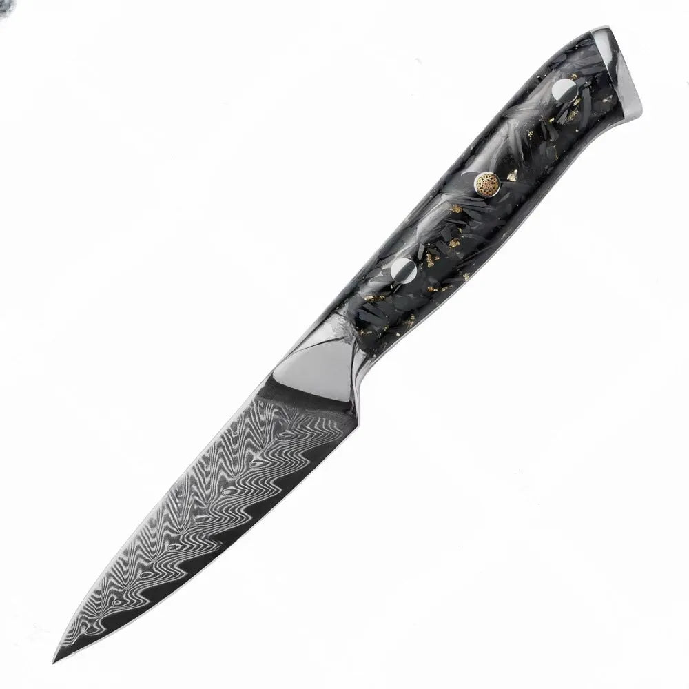 8-piece Damascus steel kitchen knife set with fishbone pattern, showing knives from 3.5-inch fruit knife to 8-inch chef knife.
