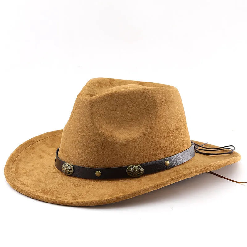 Curved edge Western cowboy hat in leather velvet with conical crown style