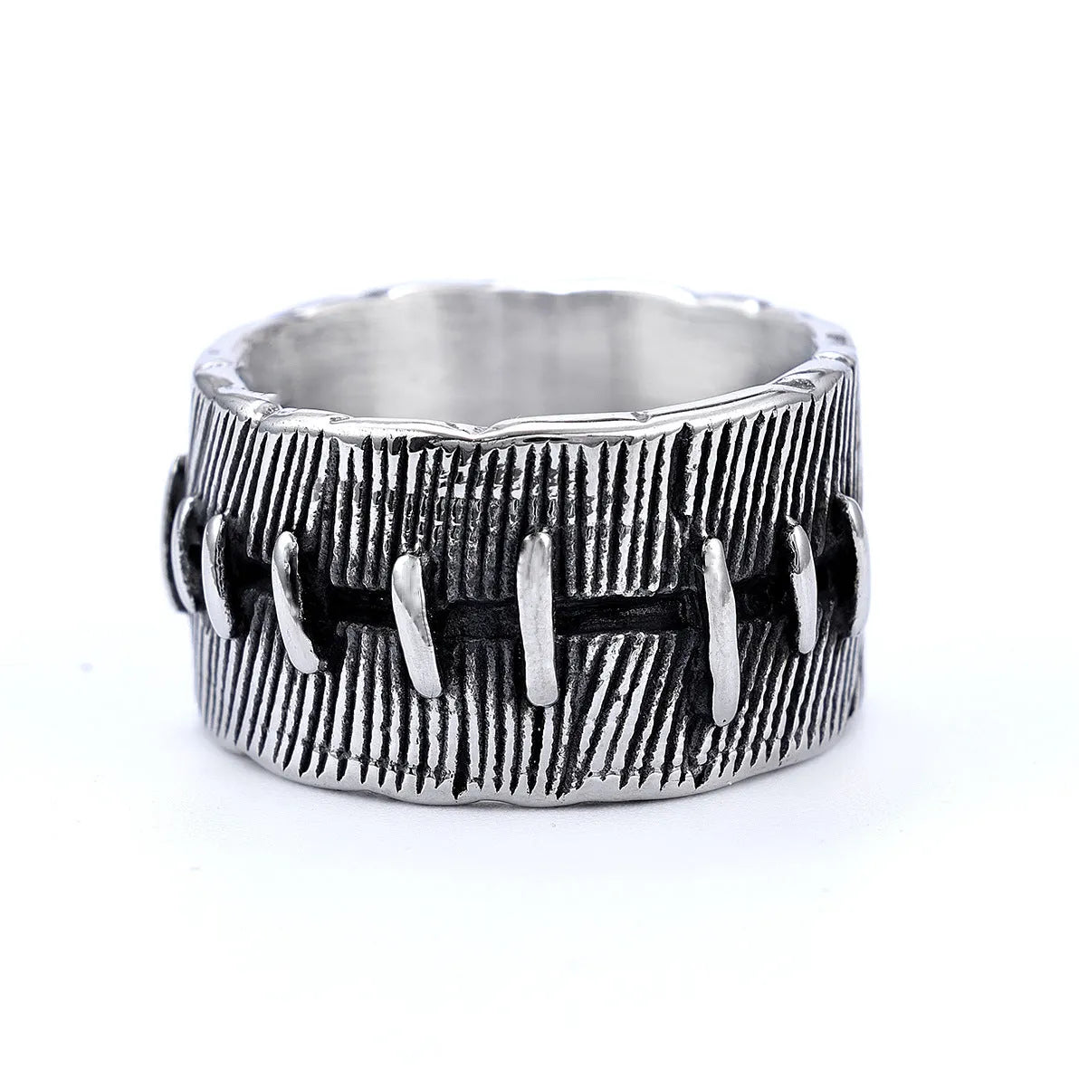Men's titanium steel dark punk stitched ring with geometric U-shaped double design in retro colour