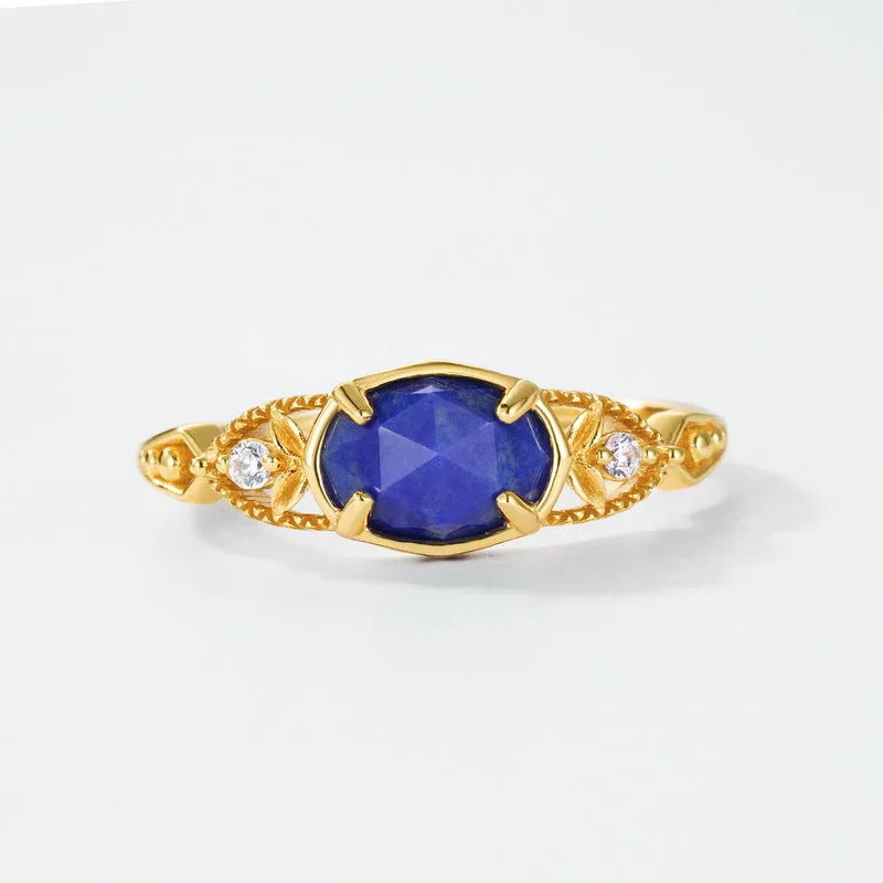 Japanese style geometric silver alloy ring with genuine blue lapis lazuli stone elliptical women's jewellery