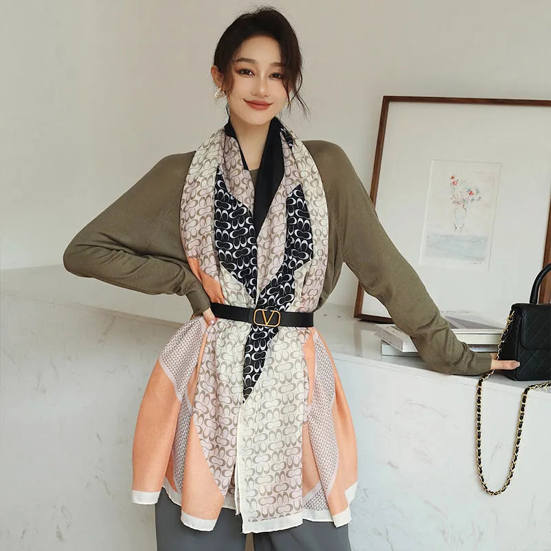 Vintage printed polyester scarf in mid-length 180x90cm size for autumn warmth