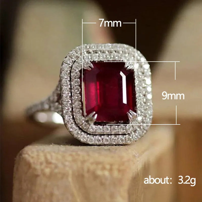 Copper square princess ring with red rhinestones in geometric style for women sizes 6 to 10