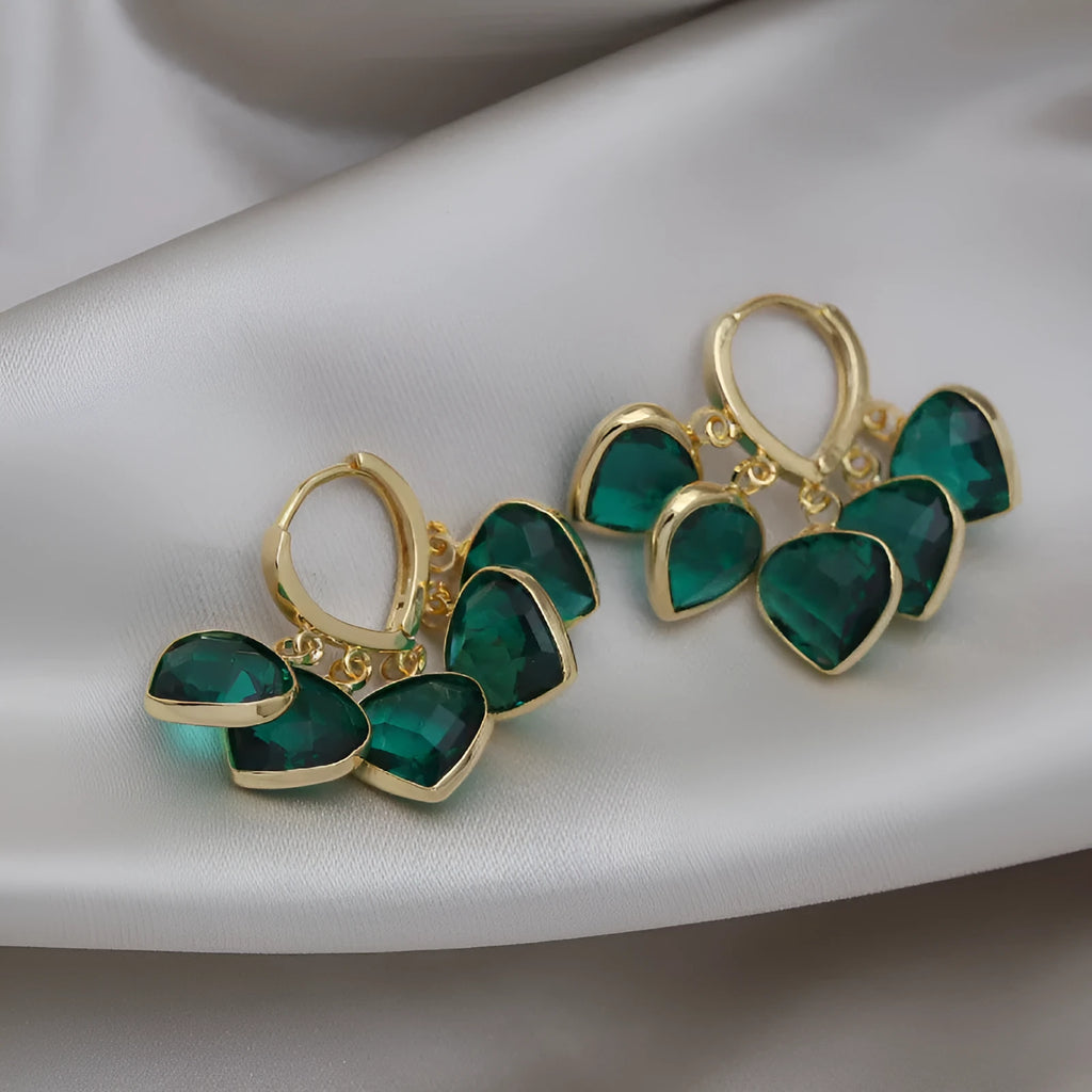 Green heart pendant ear clip earrings with alloy inlaid artificial gemstone, Korean style women's jewellery