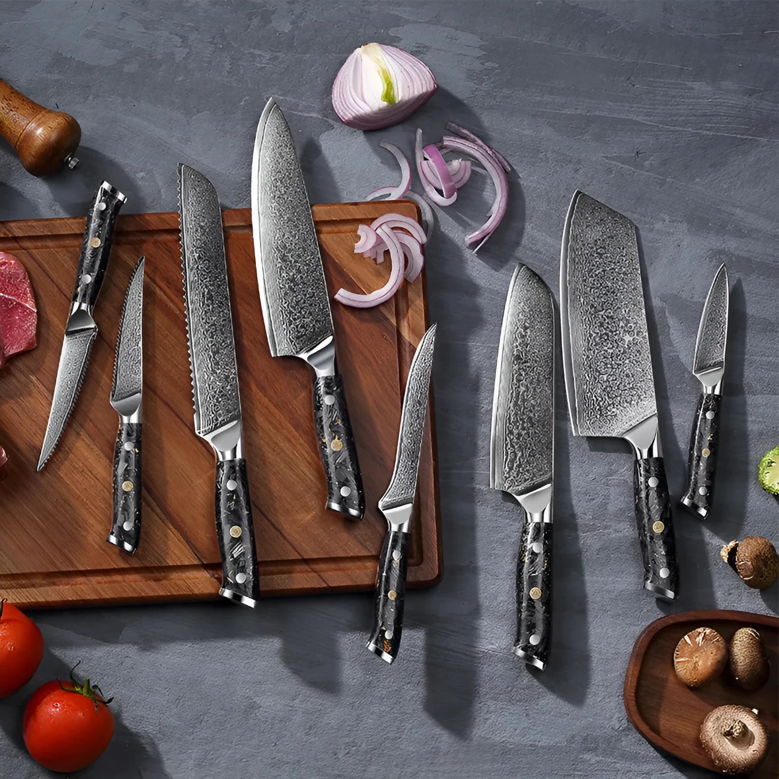 8-piece Damascus steel kitchen knife set with fishbone pattern, showing knives from 3.5-inch fruit knife to 8-inch chef knife.