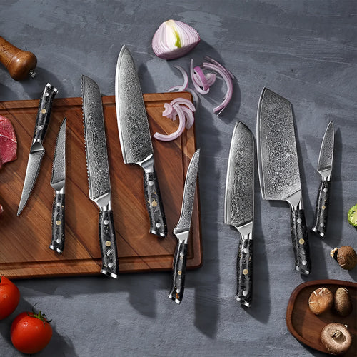 8-piece Damascus steel kitchen knife set with fishbone pattern, showing knives from 3.5-inch fruit knife to 8-inch chef knife.