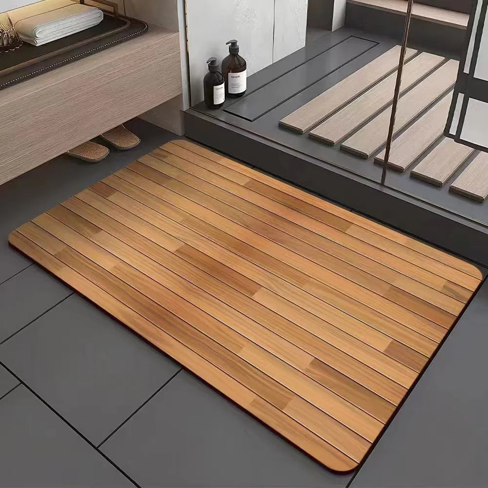 American style diatomite washroom floor mat with wood grain pattern on bathroom tiles