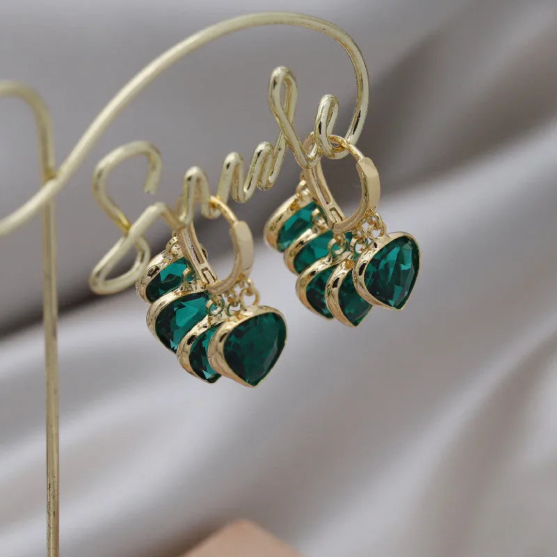 Green heart pendant ear clip earrings with alloy inlaid artificial gemstone, Korean style women's jewellery