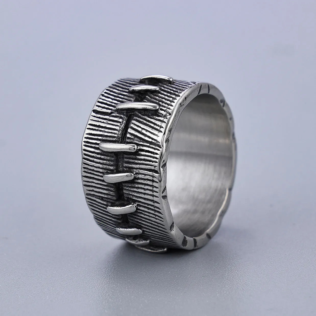 Men's titanium steel dark punk stitched ring with geometric U-shaped double design in retro colour