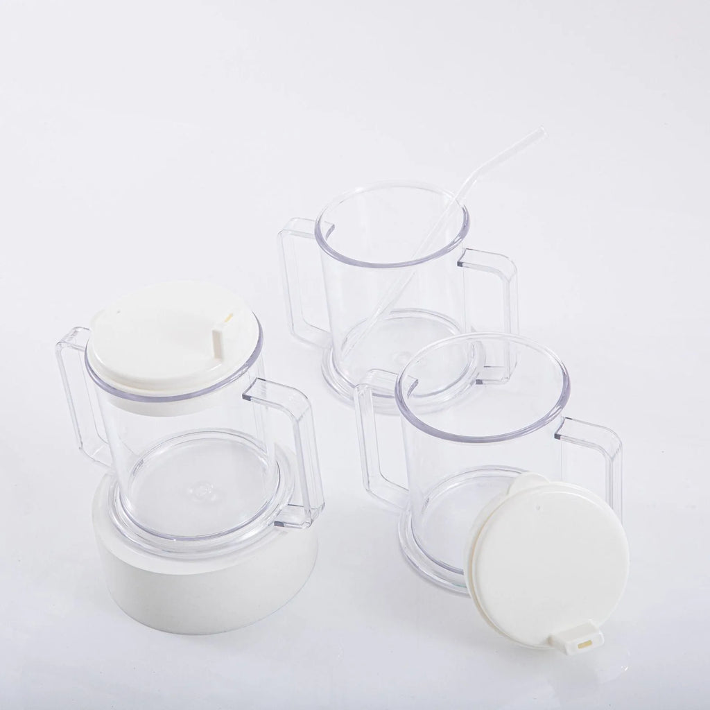 Transparent spill-proof plastic drinking cup showing 14cm height and 12cm diameter