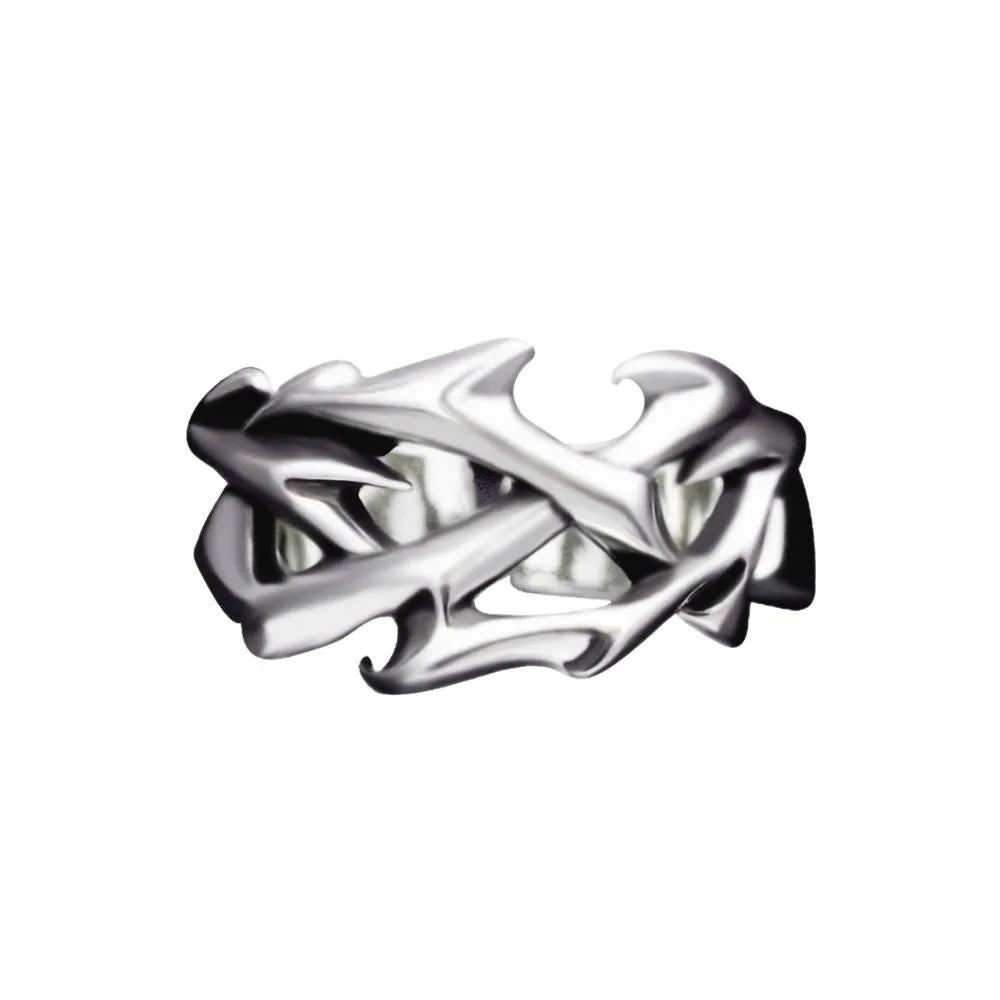 Copper geometric thorn flower ring with adjustable band on a grey background.
