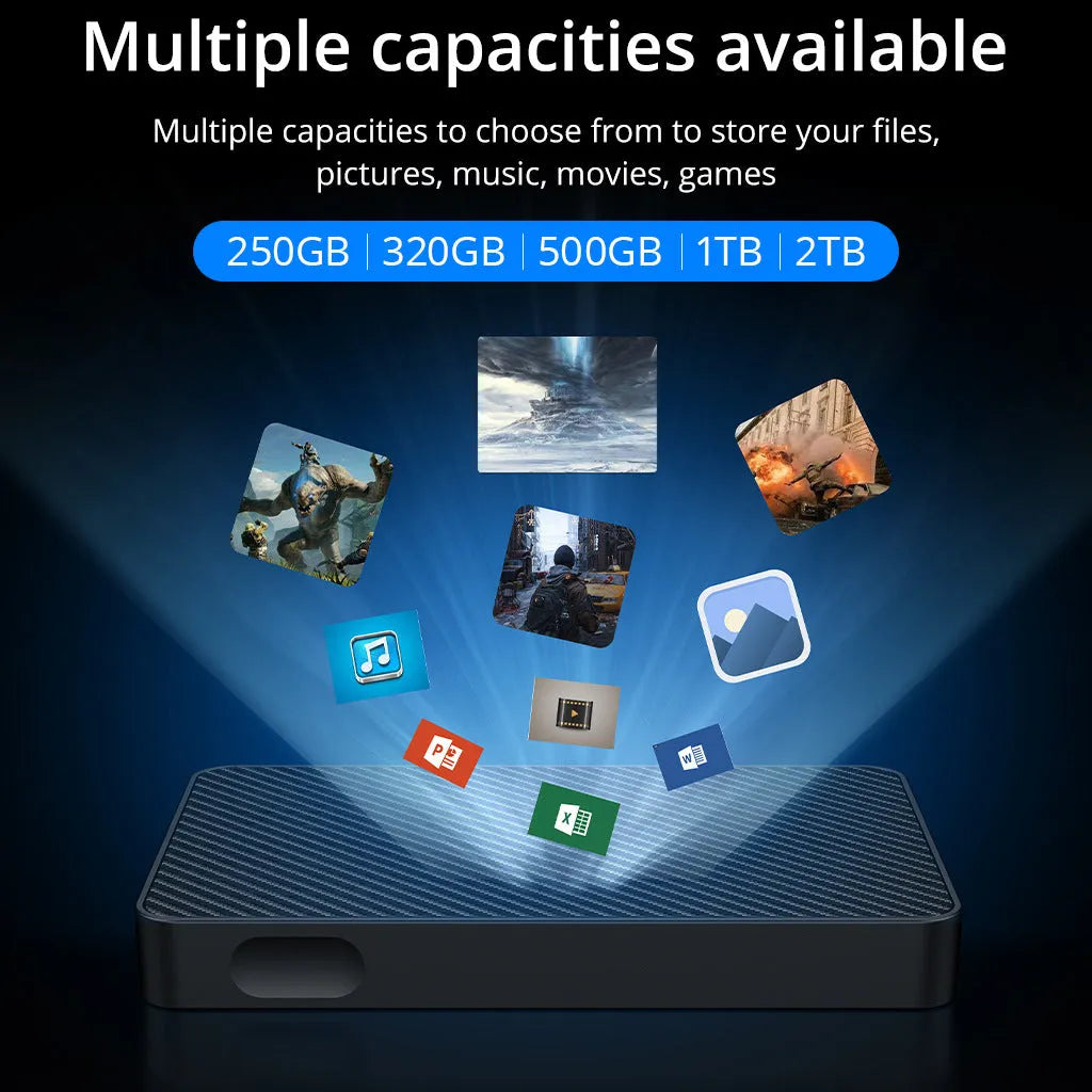 16TB high-speed portable mobile hard disk in black with ABS plastic shell showing dimensions