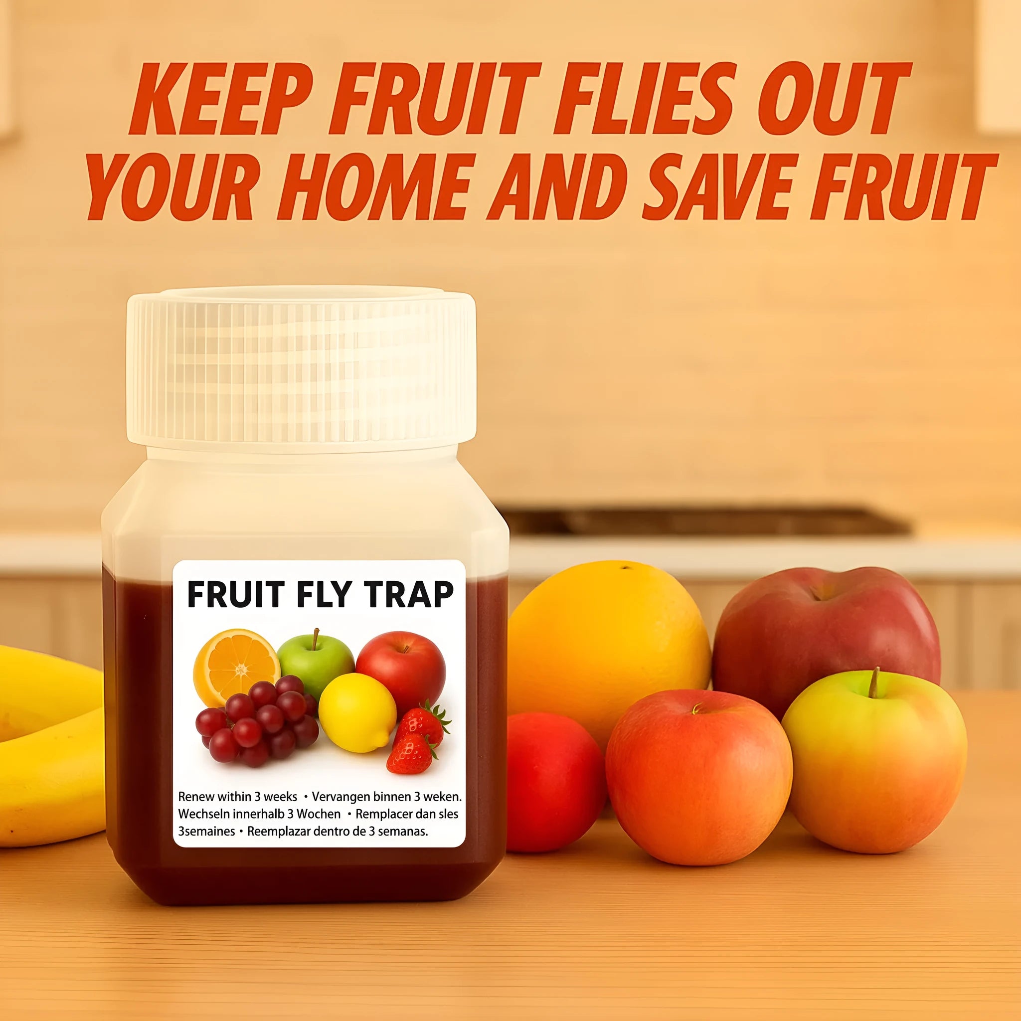 Fruit fly bait liquid bottle with optional funnel for kitchen fly traps