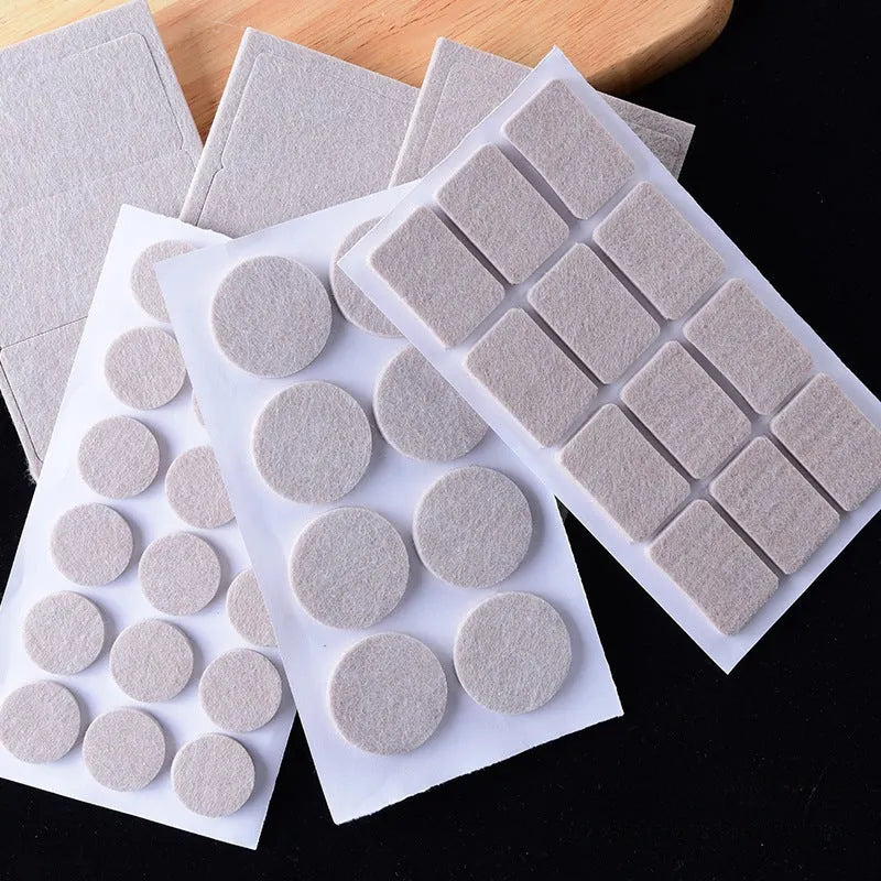 Beige plastic furniture leg protectors showing round and square shapes in five different sizes with non-slip adhesive backing