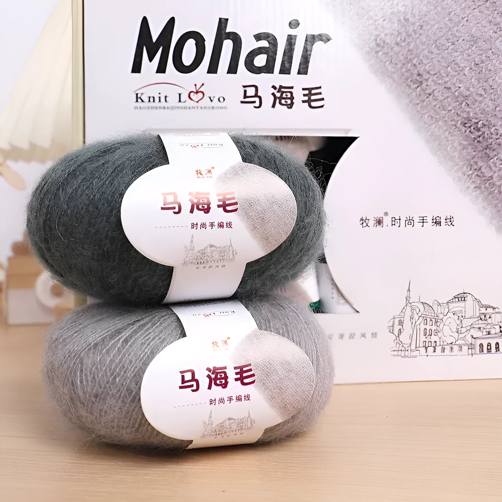 Mohair DIY scarf knitting kit showing wool ball with hand-woven Inverness thread in multiple colour options
