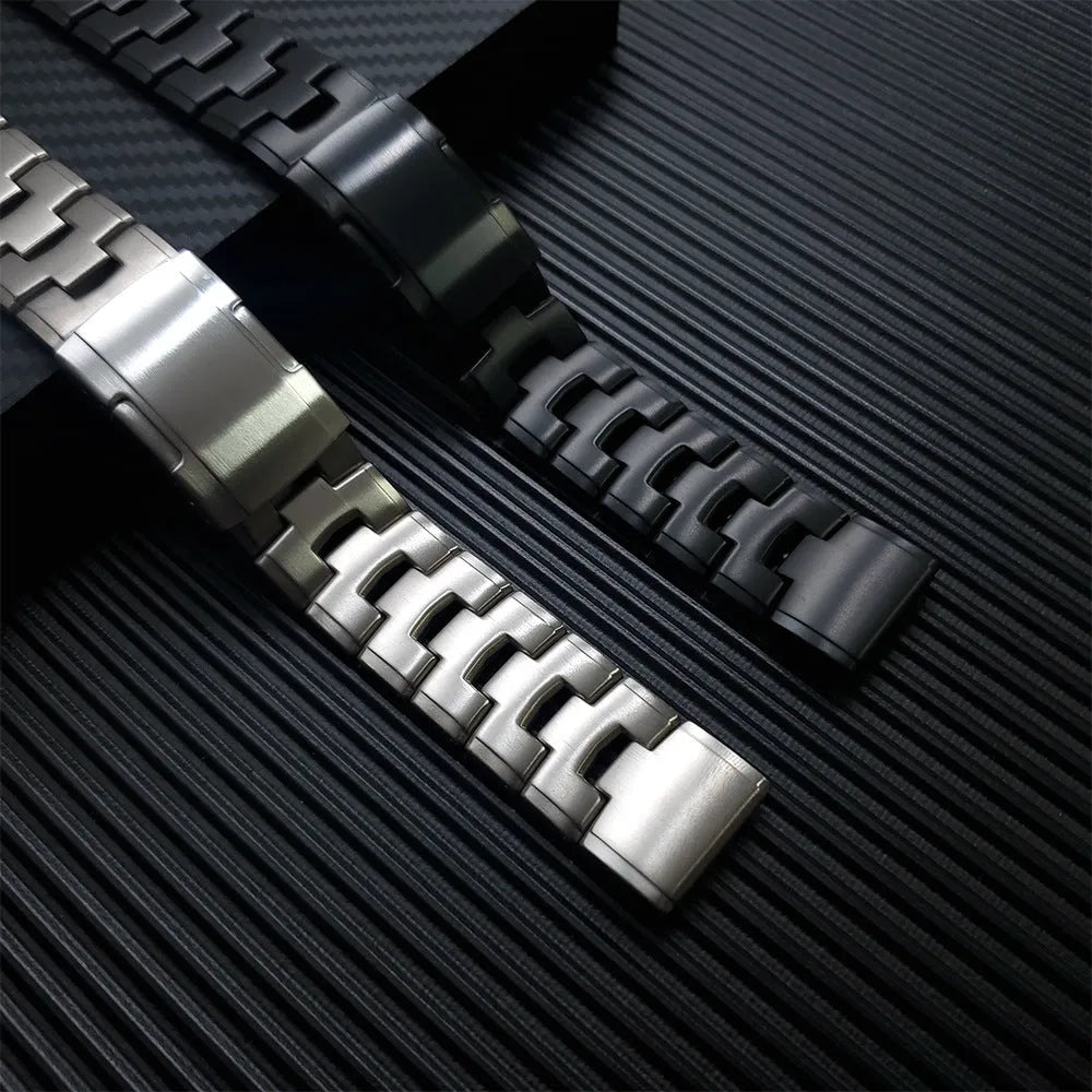 Metallic replacement watch strap for Garmin Fenix and Jiaming watches in silver, black or titanium colour.
