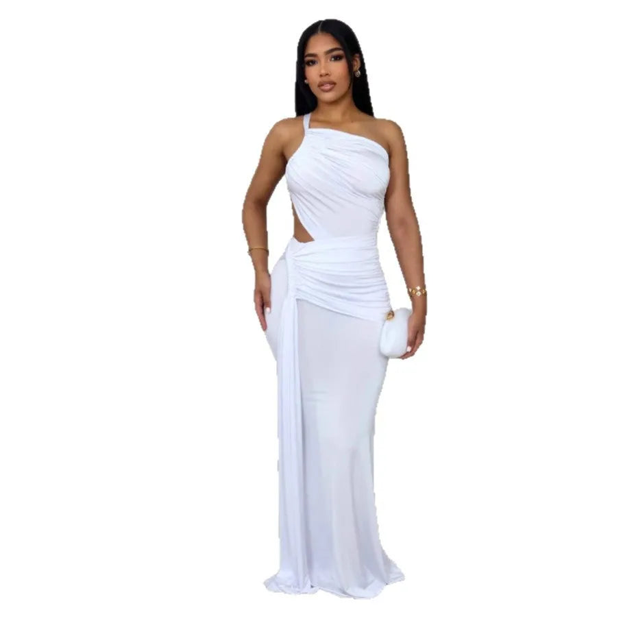 Women's solid colour one-shoulder pleated midi dress in polyester fabric on a model.