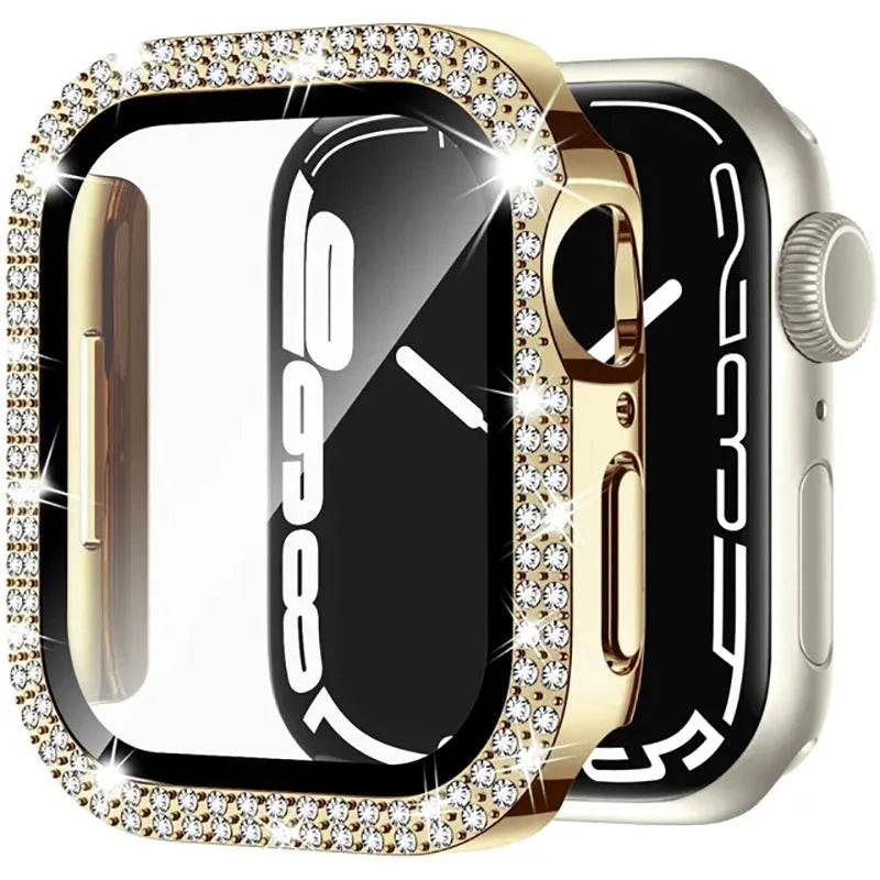 Apple Watch protective case with double diamond glass in rose pink, gold, silver, and black colour options.
