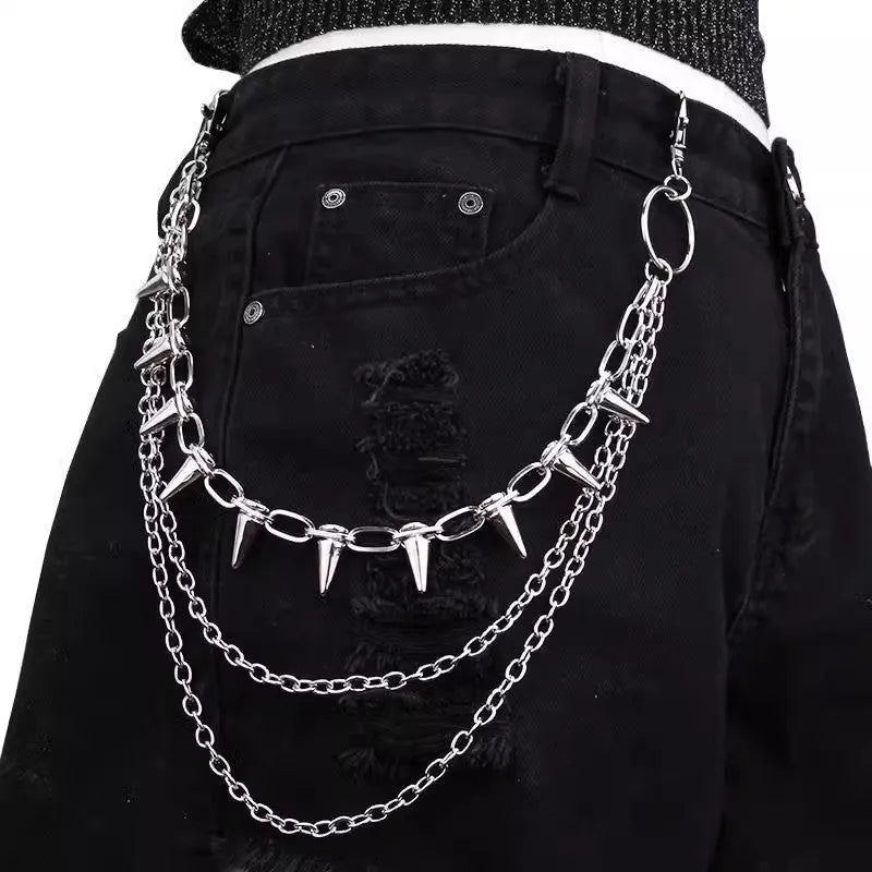 Silver punk rivet metal trousers chain measuring 115cm length with double-layer construction
