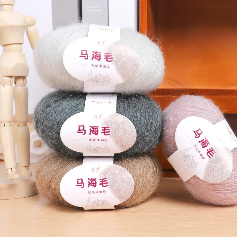 Mohair DIY scarf knitting kit showing wool ball with hand-woven Inverness thread in multiple colour options